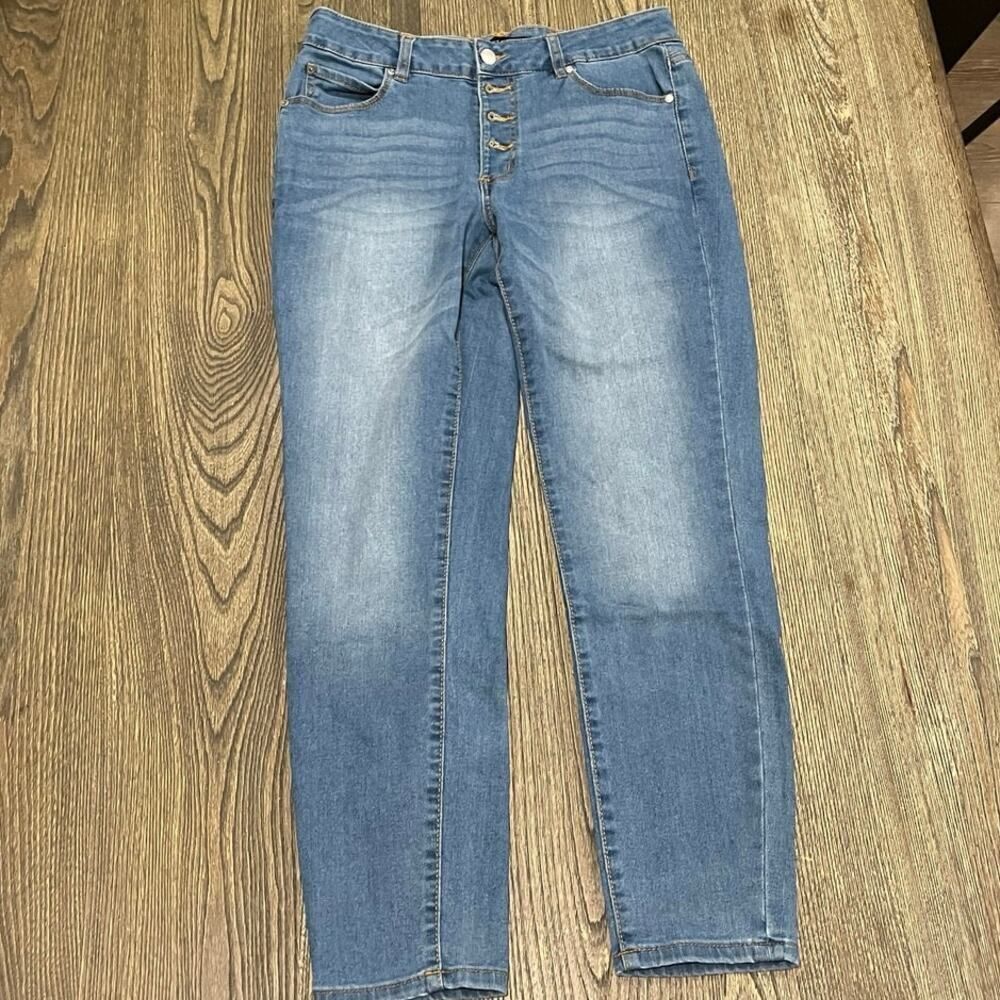 Tahari Amelia Button Fly Skinny Jeans Whiskering Medium Wash Blue Size 8/29